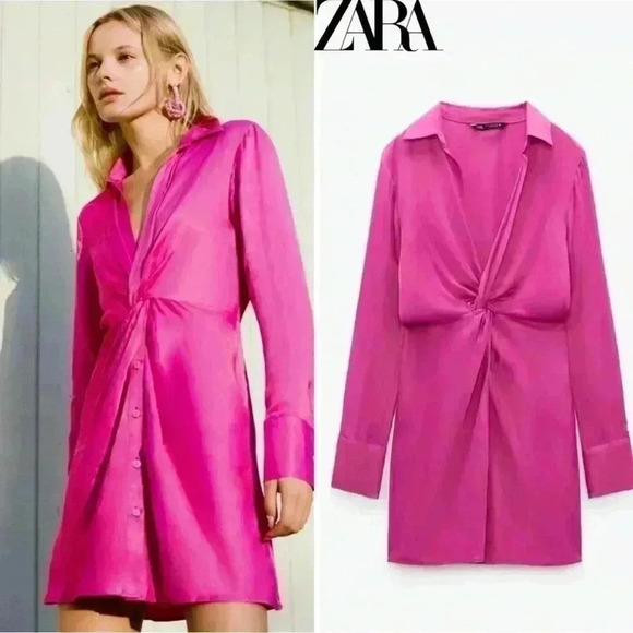 90. Zara Pink Twist Front LongSleeved Dress Womens Sz XS - Picture 1 of 9